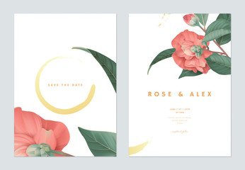 Floral wedding invitation card template design, red Semi-double Camellia flowers with leaves on white