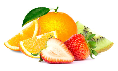 Pile of fresh organic orange fruit with slice and red ripe strawberry berry isolated on white background.