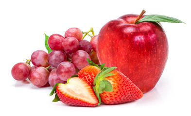 Closeup pile of different fresh organic fruits ( red berry strawberry, washington  apple and red grape fruit ) isolated on white background. 