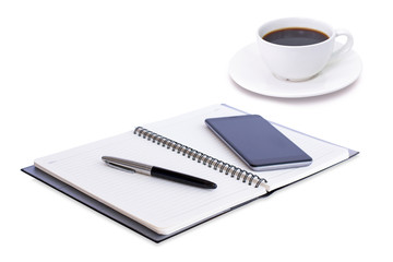 Mockup notebook, pen, black mobile smart phone and cup of coffee isolated on white background. Business and technology in concept
