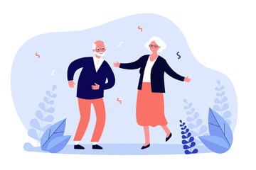 Active funny old couple dancing at party. Grandparents celebrating anniversary. Vector illustration for senior age, retirement, having fun, celebration concept