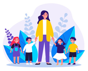 Kindergarten teacher walking with kids. Positive young woman leading happy kids by hands outdoors. Vector illustration for pedagogy, preschool, primary school, education concept