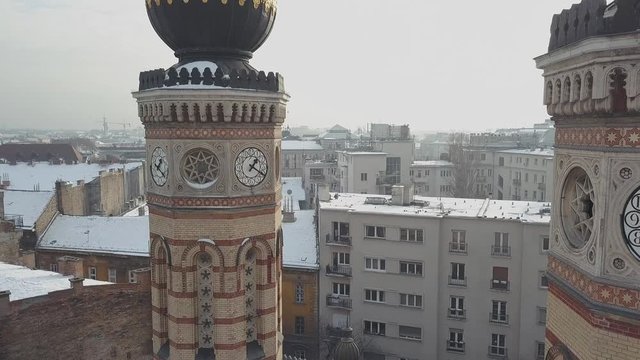 Unique 4K aerial shot of the dohany street synagogue in Budapest, Hungary.