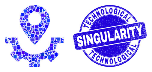 Geometric service map marker mosaic icon and Technological Singularity seal stamp. Blue vector round grunge watermark with Technological Singularity title.
