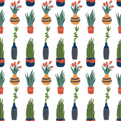 Vector seamless pattern with indoor plants in pots and vases - bamboo, sansevieria, snake tongue, red tulip flowers . Potted house plants repit pattern for textile fabric in hand drawn cartoon style