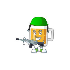 A mascot design picture of glass of beer as a dedicated Army using automatic gun