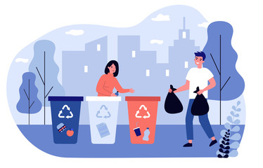 Positive man and woman sorting waste. Volunteers, trash bin, garbage collecting flat vector illustration. Recycling, separation, volunteering concept for banner, website design or landing web page