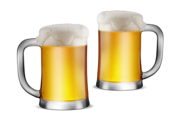 Two Glasses of Light Beer with bubble froth on top isolate white background