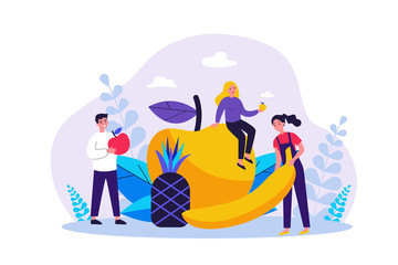 Happy people keeping healthy diet. Men and women holding fruits, apple, pineapple, banana. Vector illustration for fitness, dietitian nutrition, organic food concept