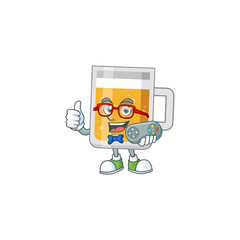 Cartoon mascot design of glass of beer play a game with controller