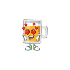 An adorable glass of beer cartoon mascot style with a falling in love face