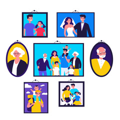 Pictures of happy family in frames on wall. Just married couple, parents, children, senior people framed photos. Vector illustration for photography, togetherness, dynasty, home gallery concept
