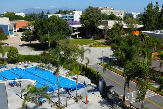 FULLERTON CALIFORNIA - 22 MAY 2020: Pool outside the Student Recreation Center on the campus of California State University Fullerton, CSUF.