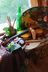 Art attributes and drapery. Music, painting, theater. Violin, theater mask, art palette and brushes.