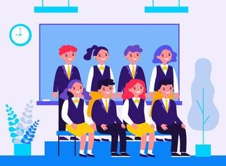 Happy students posing for photo in classroom. Cheerful teen girls and guys in school uniforms sitting and standing at blackboard. Vector illustration for photography, classmates, education concept