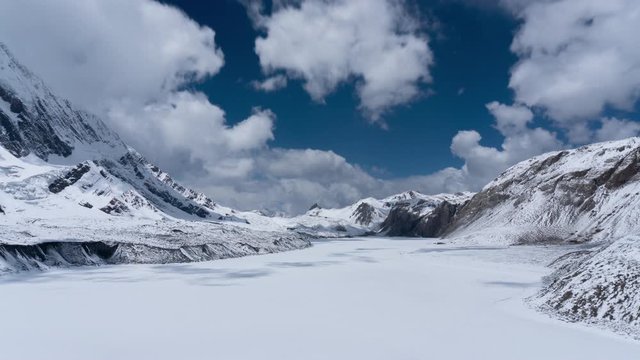 Timelapse of Frozen Tilicho Lake with Clouds Flying Over Distant Himalayan Mountains in Nepal