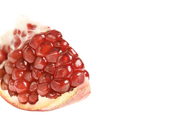 Pomegranate juice. Open fruit. Eating bright tasty food. Antioxidant fresh texture. Vegan heathy plant. Red pulp. Home kitchen. Broken tropical slice