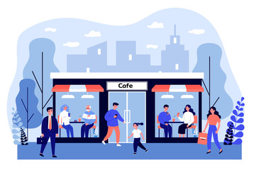 Customers walking to cafe. People of different ages enjoying lunch in diner, facade view flat vector illustration. Easing of lockdown, leisure concept for banner, website design or landing web page