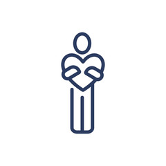 Person holding heart thin line icon. Love, man, limerence isolated outline sign. Friendship and love concept. Vector illustration symbol element for web design and apps