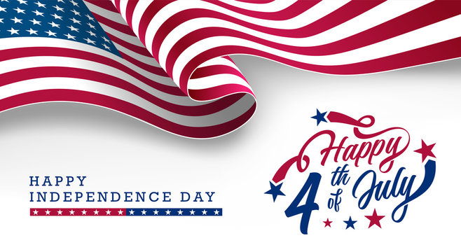 America Independence Day, Happy 4th of July typographic design banner with waving USA National Flag on top. Vector Illustration.