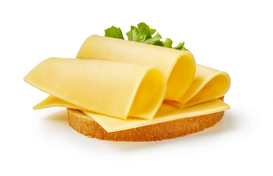 Cheese Slices With Salad Leaf On Piece Of Bread. Sandwich Isolated On White Background.