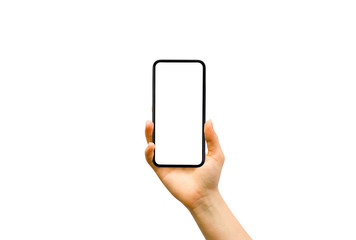 Business Communication Concept : Hand holding old black smartphone isolated on white background.