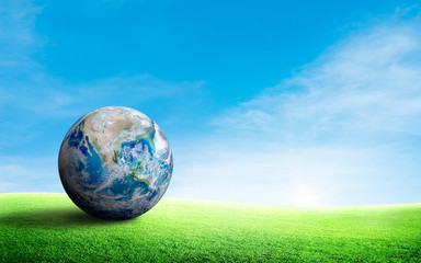 Fototapeta na wymiar Ecology and Environment Concept : Blue planer earth on green grass meadow field with blue sky in background. (Elements of this image furnished by NASA.)