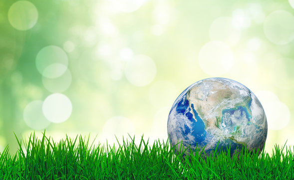 Ecology and Environment Concept : Blue planet earth on green grass with blurry green natural and sunlight in background. (Elements of this image furnished by NASA.)