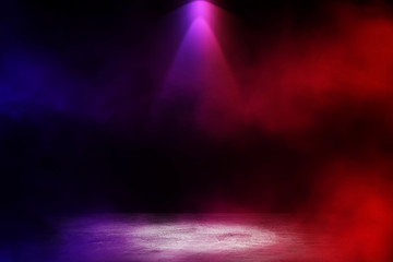 Empty space of Studio dark room with white fog and lighting effect red and blue on concrete floor gradient background for interior decoration.