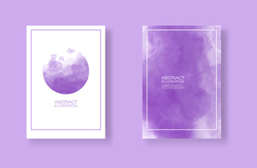 Cards with watercolor elements set. Hand drawn banner element on purple background.