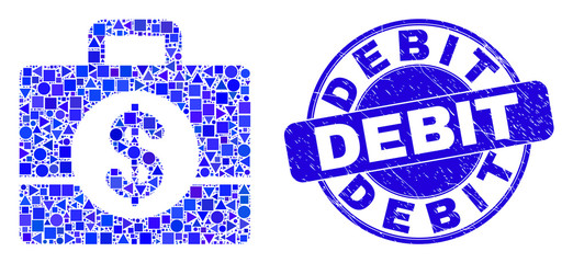 Geometric business case mosaic pictogram and Debit seal stamp. Blue vector round scratched seal stamp with Debit phrase. Abstract composition of business case constructed of round, tringle,