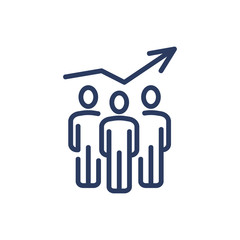 Three workers and growing arrow thin line icon. Cooperation, team, professional isolated outline sign. Business communication concept. Vector illustration symbol element for web design and apps