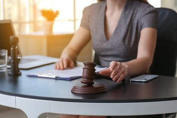Female lawyer working with document in office