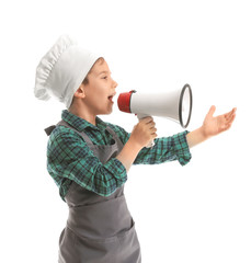 Portrait of little chef with megaphone on white background