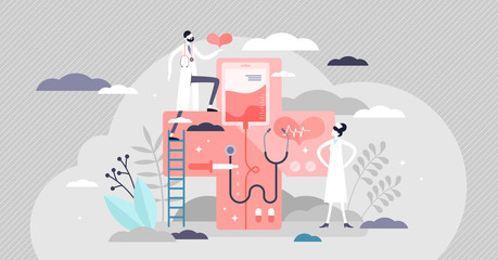 Fototapeta na wymiar Medicine vector illustration. Health aid system flat tiny persons concept.