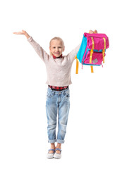 Cute little schoolgirl on white background