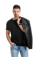 Fototapeta premium Handsome man with stylish hairdo on white background