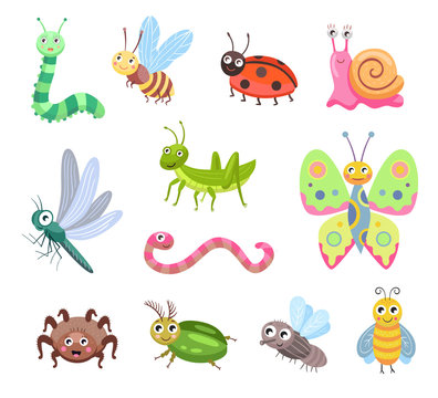 Funny smiling bugs flat icon set. Cartoon cute caterpillar, fly, beetle, butterfly, snail, spider isolated vector illustration collection. Nature and insects concept