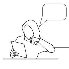 Silhouette of a woman reading information on a tablet. Graphic illustration.