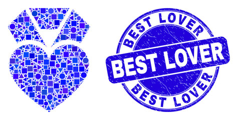 Geometric heart award mosaic icon and Best Lover watermark. Blue vector round textured watermark with Best Lover title. Abstract collage of heart award constructed of round, triangles,
