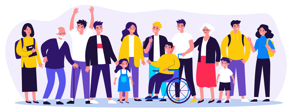 Diverse community members standing together. Crowd of happy men, women of different ages, children and disabled person. Vector illustration for civil society, diversity, togetherness, citizens concept