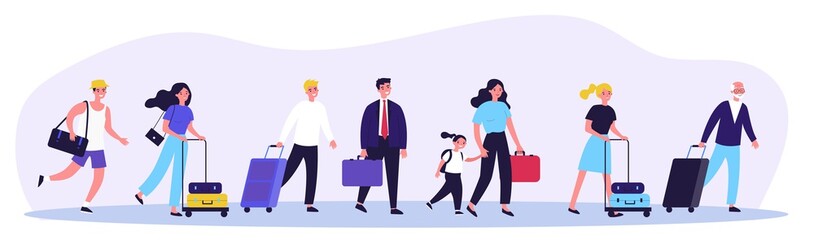 Happy tourists with suitcases walking together flat vector illustration. Group of people travelling abroad. Family with bags going from airport. Men and women during trip. Tourism and journey concept