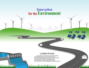 Power generation system renewable Clean energy from nature, such as wind, solar, water energy, can be used to produce electricity.Vector template infographic Timeline of business operations with cars. © 1st`Step