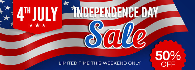 4th of july USA independence day sale special offer banner  with american flags on dark blue background