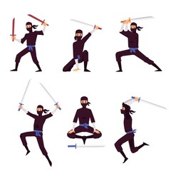 Fototapeta na wymiar Set of Japanese Ninja assassin characters, flat vector illustration isolated.