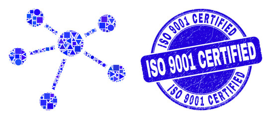 Geometric relation links mosaic pictogram and ISO 9001 Certified seal stamp. Blue vector round scratched stamp with ISO 9001 Certified title. Abstract mosaic of relation links composed of spheric,