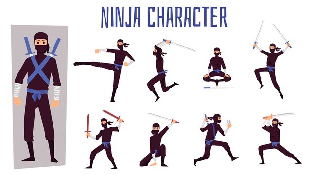 Cartoon ninja warrior character set in different fighting positions