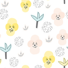 Cute seamless pattern with decorative flowers in scandinavian style. Creative childish texture for fabric, wrapping, textile, wallpaper, apparel. Vector illustration.
