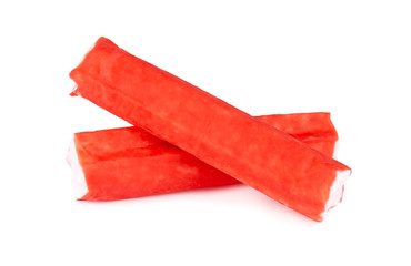 Crab stick isolated on white background. Imitation crab meat. Fish product.