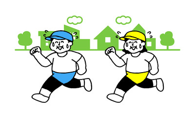 街中を楽しそうにランニングするランニングウェア着用肥満男女（シンプル）